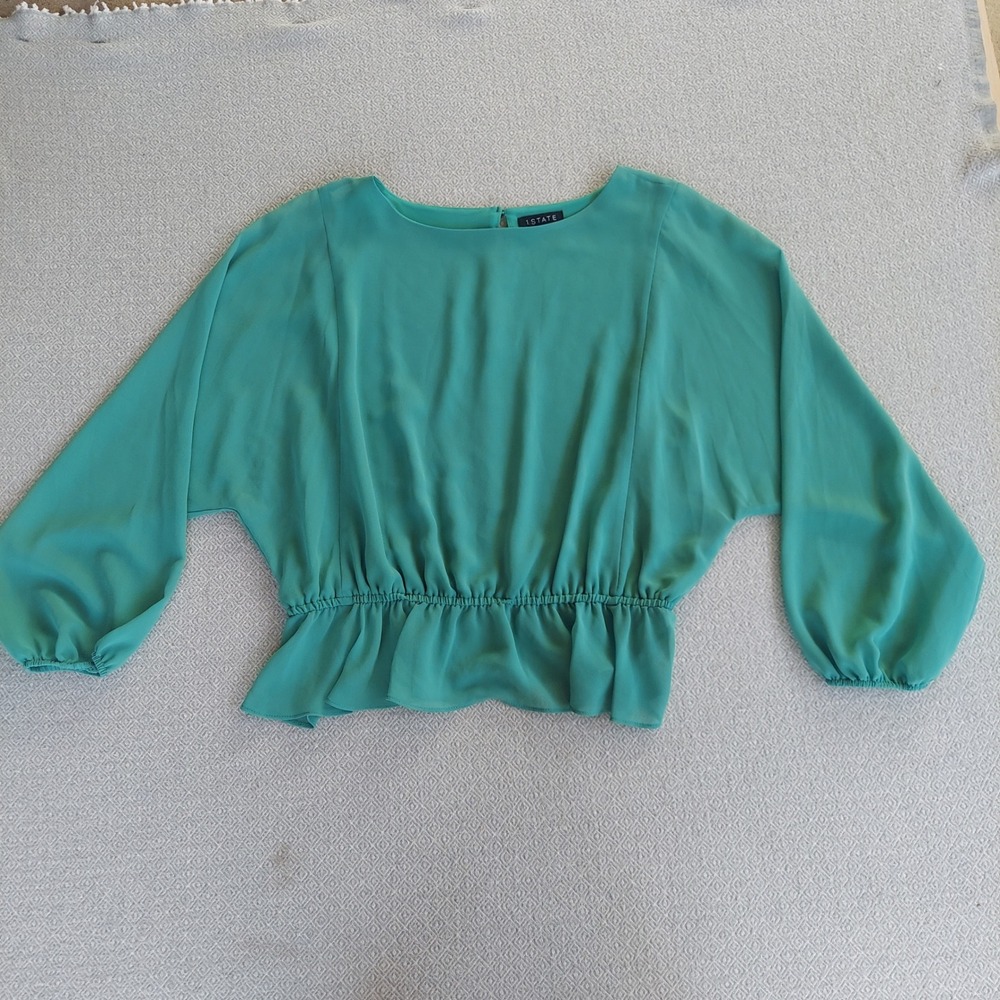 1.STATE Blouse Womens Med Green Peplum Dolman Sleeve Chiffon Top Elastic Waist